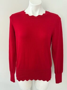 Liz Claiborne Bright Red Scallop-Edge Crewneck Sweater